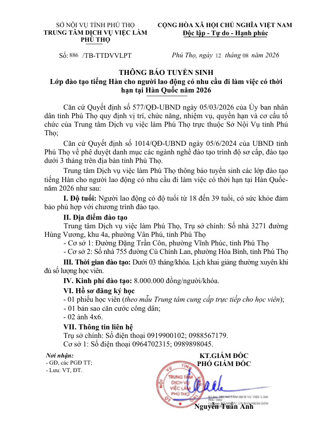 Thông báo tuyển sinh Lớp đào tạo tiếng Hàn cho người lao động có nhu cầu đi làm việc có thời  hạn tại Hàn Quốc năm 2026